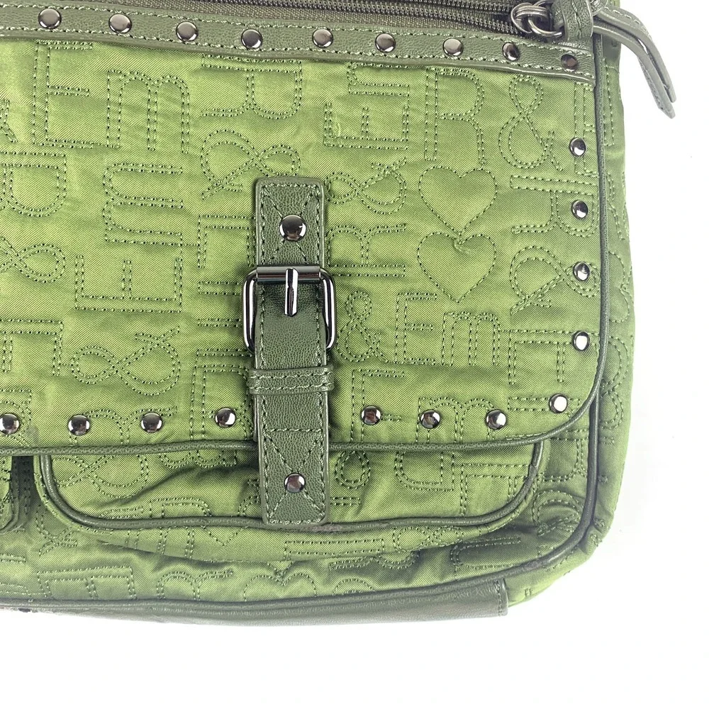 R & Em Green Quilted Messenger‎ Bag Studded Trim School Computer Sling SEE/READ